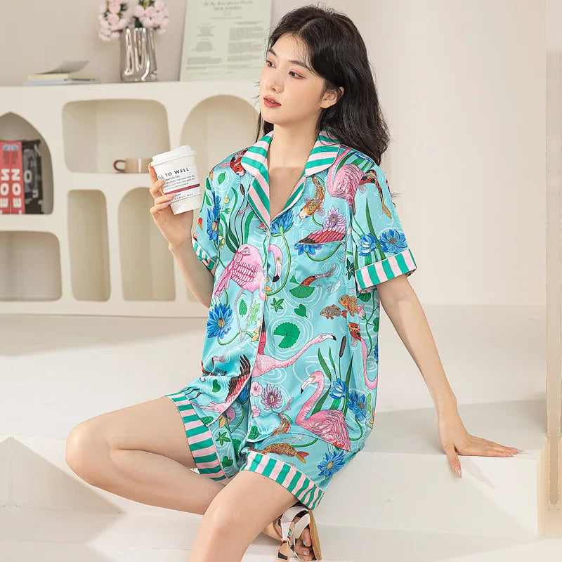 Cute Ice-Silk Lightweight Women's Pajama Set Short-Sleeved Top And Shorts Comfortable Sleepwear for Women