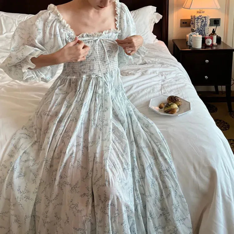 100% Cotton Spring Summer Floral Printed Fairy Nightgown French Retro Palace Home Long Nightdress Women Loungewear Morning Robe