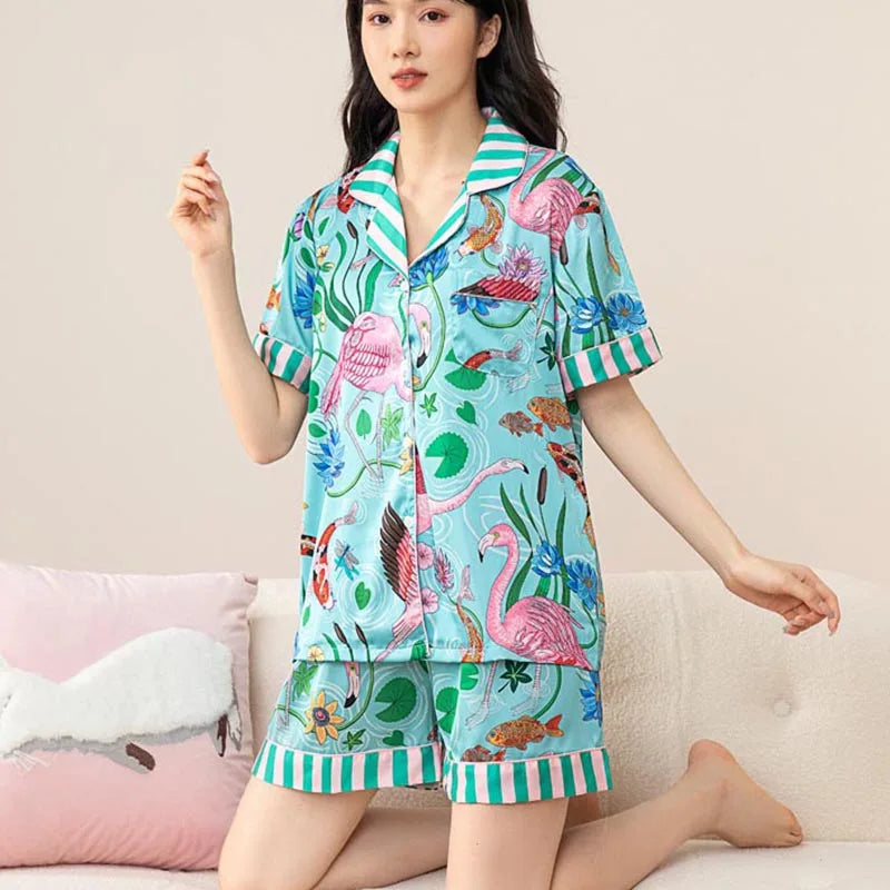 Cute Ice-Silk Lightweight Women's Pajama Set Short-Sleeved Top And Shorts Comfortable Sleepwear for Women