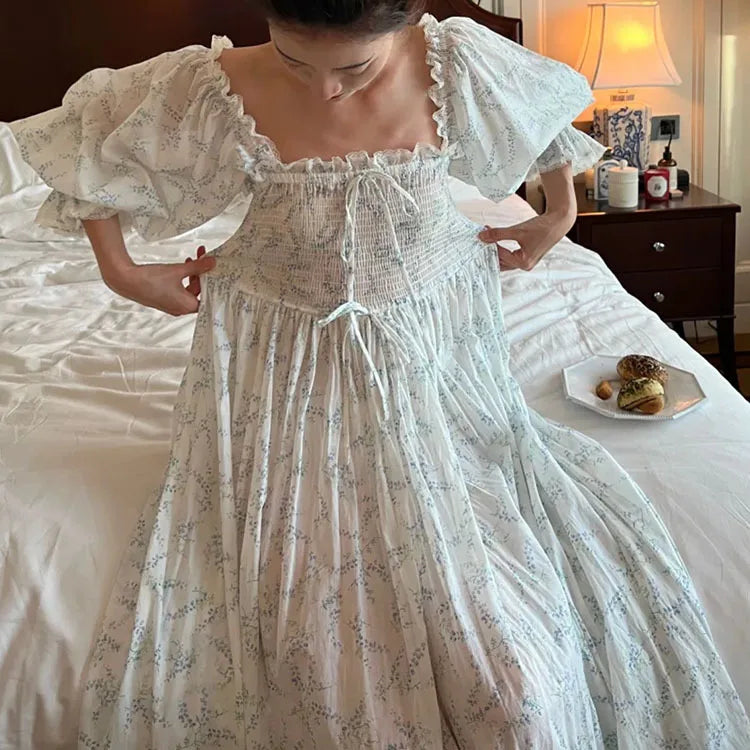 100% Cotton Spring Summer Floral Printed Fairy Nightgown French Retro Palace Home Long Nightdress Women Loungewear Morning Robe