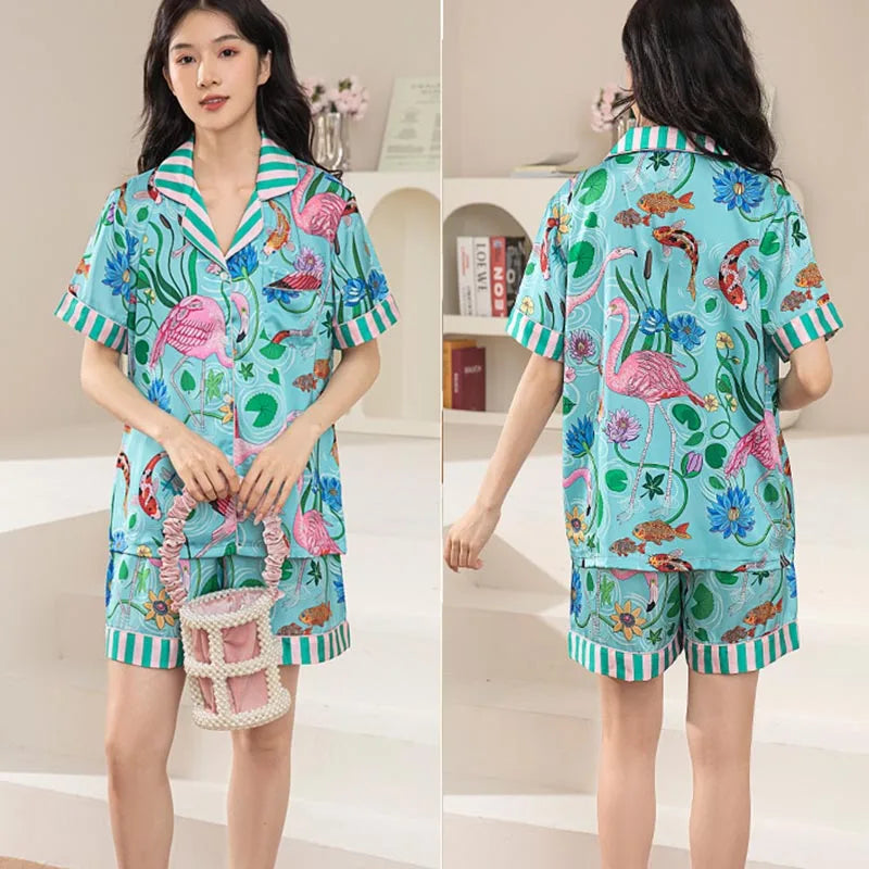 Cute Ice-Silk Lightweight Women's Pajama Set Short-Sleeved Top And Shorts Comfortable Sleepwear for Women